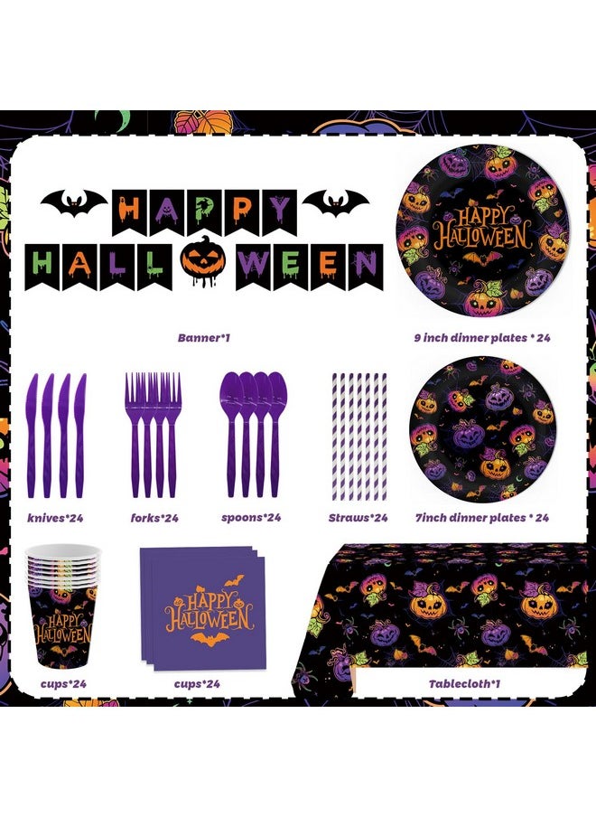 MEHOFOND Halloween Party Supplies194Pcs, Evil Purple Pumpkin Halloween Plates And Napkins Tableware Set With Cups Tablecloth Banner For Spooky Bat Spider Halloween Party Decorations, Serves 24 Guests  - Image 2