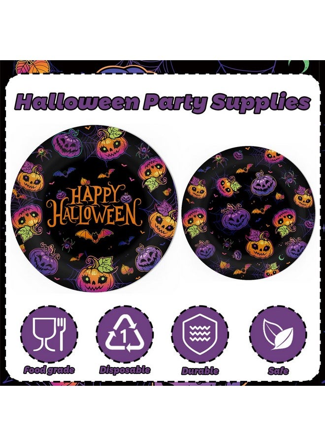 MEHOFOND Halloween Party Supplies194Pcs, Evil Purple Pumpkin Halloween Plates And Napkins Tableware Set With Cups Tablecloth Banner For Spooky Bat Spider Halloween Party Decorations, Serves 24 Guests  - Image 3
