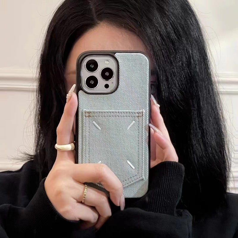 Suitable for Evaluating 15Promax Phone Cases, Trendy Embroidered Iphone14Pro Anti-Drop Cases, Card-Insertable Denim Fabric 17P - Image 1