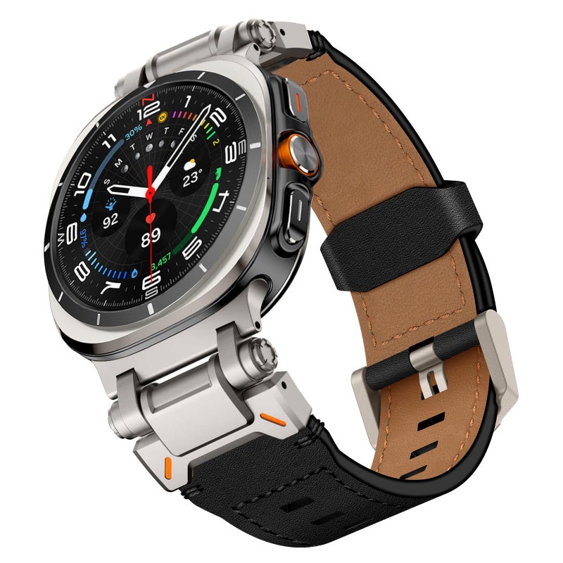 WINGLE Leather Band for Samsung Galaxy Watch Ultra Bands 47mm 20252024 Men Wide Rugged Top Grain Genuine Leather Strap with Metal Connector Armor Classy Casual Business Galaxy Watch Ultra Band Black - Image 2