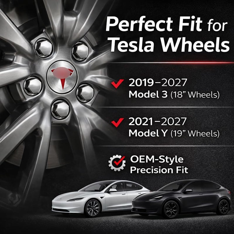 Tesheer Wheel Center Hub Cap Kit with Tesla Emble Brand Center Caps for Model 3 Model Y with 20 Lug Nut Covers (4PCS) (Red-Silver) - Image 3