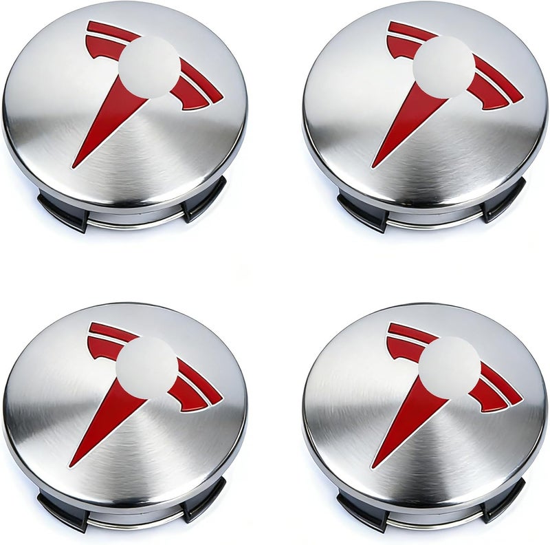 Tesheer Wheel Center Hub Cap Kit with Tesla Emble Brand Center Caps for Model 3 Model Y with 20 Lug Nut Covers (4PCS) (Red-Silver) - Image 1