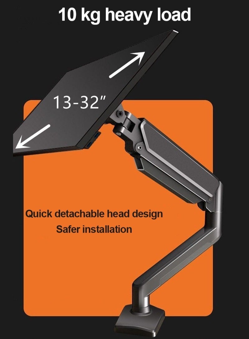 FlashHawk Aluminum Alloy Full Motion Single Monitor Arm,Air Pressure Lifting,Rotatable,Telescopic,Tilting Monitor Desktop Stand, Suitable for 13-32 Inch Screen,Load Bearing 10kg - Black - Image 5