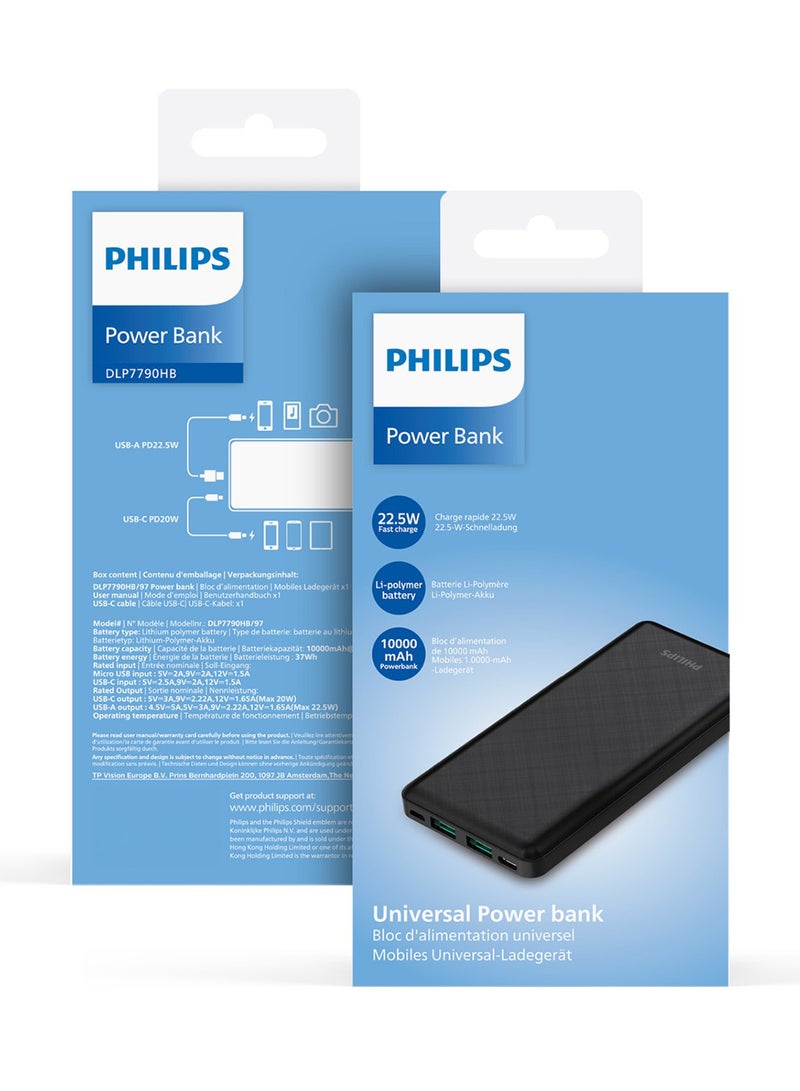 Philips 10000 mAh Power Bank, 22.5W, QC 3.0 Fast Charging, Dual USB-A & USB-C Output, Compatible with Smartphones & Tablets (Black) Black - Image 2