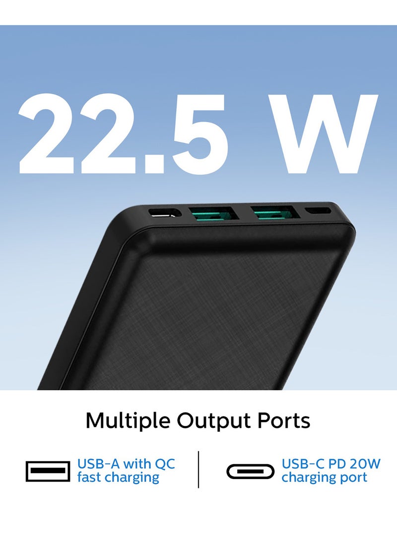 Philips 10000 mAh Power Bank, 22.5W, QC 3.0 Fast Charging, Dual USB-A & USB-C Output, Compatible with Smartphones & Tablets (Black) Black - Image 4