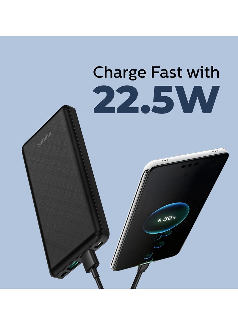 Philips 10000 mAh Power Bank, 22.5W, QC 3.0 Fast Charging, Dual USB-A & USB-C Output, Compatible with Smartphones & Tablets (Black) Black - Image 3
