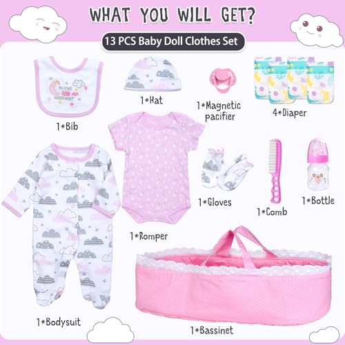 PEDOLLTREE 13 Pcs Reborn Baby Dolls Clothes Girl Accessories Outfit with Pink Dot Bassinet and Diapers Set for 1722 Inch Reborn Dolls Newborn Baby Girl - Image 5