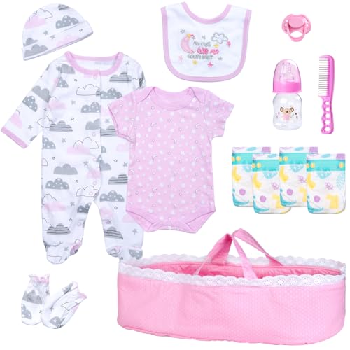 PEDOLLTREE 13 Pcs Reborn Baby Dolls Clothes Girl Accessories Outfit with Pink Dot Bassinet and Diapers Set for 1722 Inch Reborn Dolls Newborn Baby Girl - Image 1
