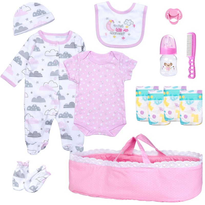 PEDOLLTREE 13 Pcs Reborn Baby Dolls Clothes Girl Accessories Outfit with Pink Dot Bassinet and Diapers Set for 1722 Inch Reborn Dolls Newborn Baby Girl - Image 3