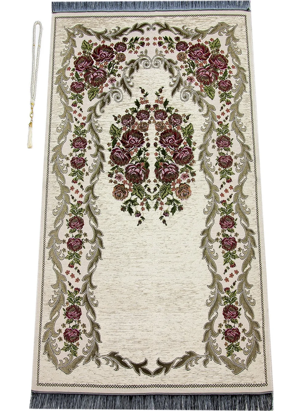 İhvan Online Luxury Gülce Chenille Prayer Rug Cream Prayer Beads Gift