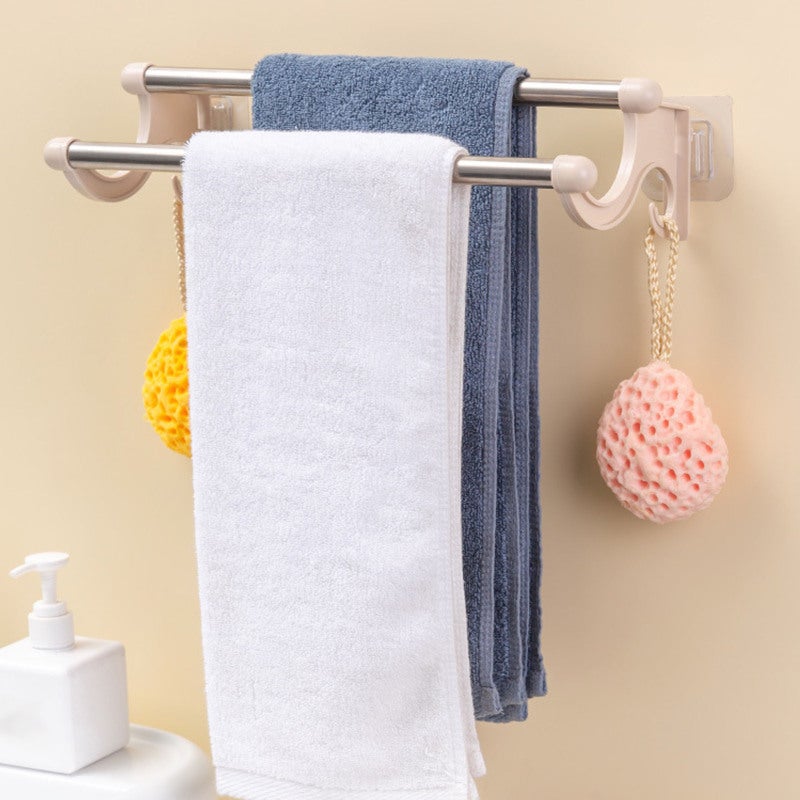 Double Towel Bar: Beige Drill Free Traceless Sturdy Durable Double Towel Rack - Space Saving Multifunctional Towel Holder for Bathroom Kitchen Home - Image 4