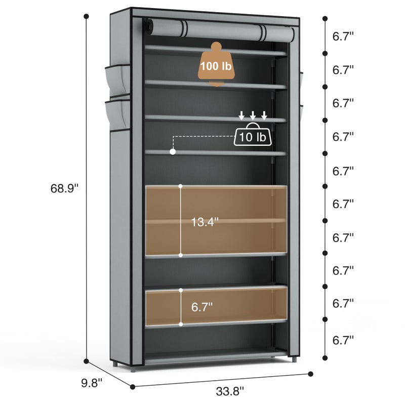 ROJASOP Shoe Rack with Covers, Stackable 10 Tier Tall Shoe Shelf Storage 50-55 Pairs Shoes and Boots Large Capacity Vertical Shoe Rack Organizer for Closet Entryway Garage Bedroom, Grey - Image 3