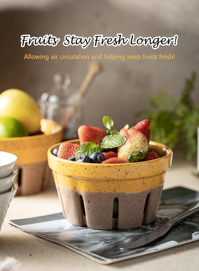 Gomakren Fruit Bowl with Holes, Ceramic Berry Basket Set of 2, 5.8 Inch Round Fruit Storage Containers, Strawberry Baskets, Farmhouse Kitchen Decor, Yellow + Brown - Image 4