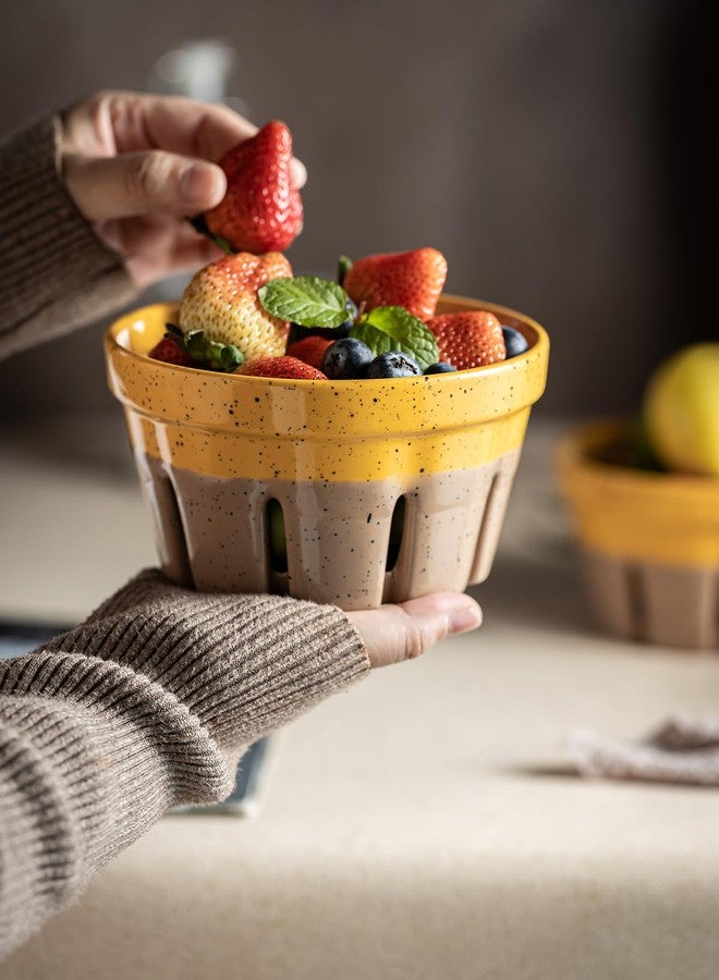 Gomakren Fruit Bowl with Holes, Ceramic Berry Basket Set of 2, 5.8 Inch Round Fruit Storage Containers, Strawberry Baskets, Farmhouse Kitchen Decor, Yellow + Brown - Image 5
