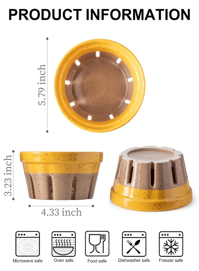 Gomakren Fruit Bowl with Holes, Ceramic Berry Basket Set of 2, 5.8 Inch Round Fruit Storage Containers, Strawberry Baskets, Farmhouse Kitchen Decor, Yellow + Brown - Image 2
