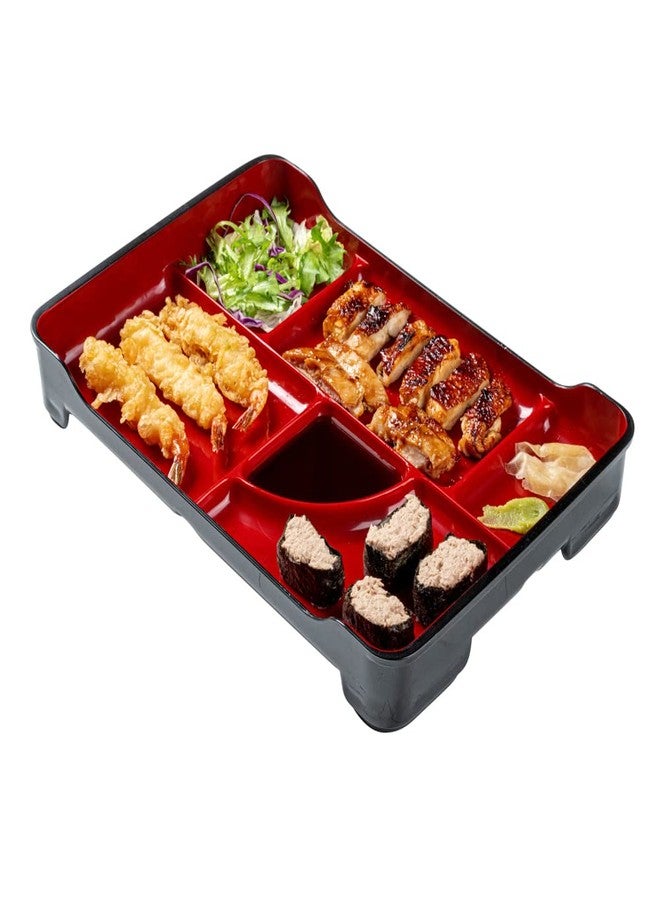 Restaurantware Bento Tek 14 x 9.1 x 2 Inch Compartment Lunch Plates 1 Japanese Style Adult Lunch Plate - With 5 Compartments Reusable Black & Red Plastic Separated Meal Plate For Hot & Cold Food - Image 1