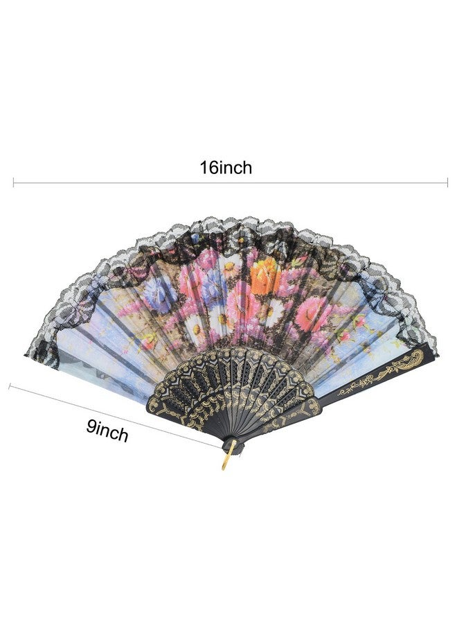 YOKIND 10 Pack Vintage Spanish Floral Folding Hand Fan Sequin Fabric Folding Handheld Hand Fan, Random Color - Image 3