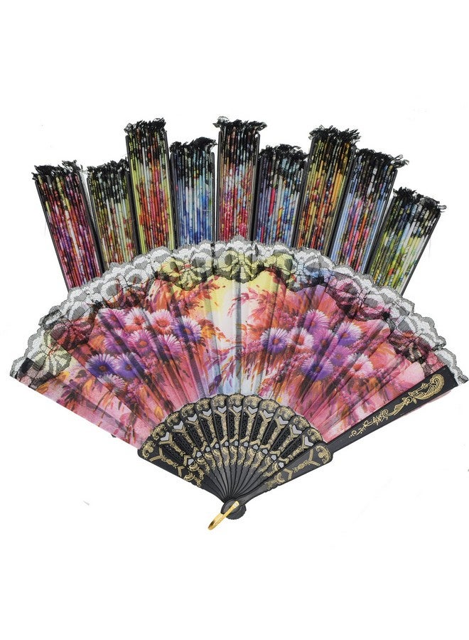 YOKIND 10 Pack Vintage Spanish Floral Folding Hand Fan Sequin Fabric Folding Handheld Hand Fan, Random Color - Image 1