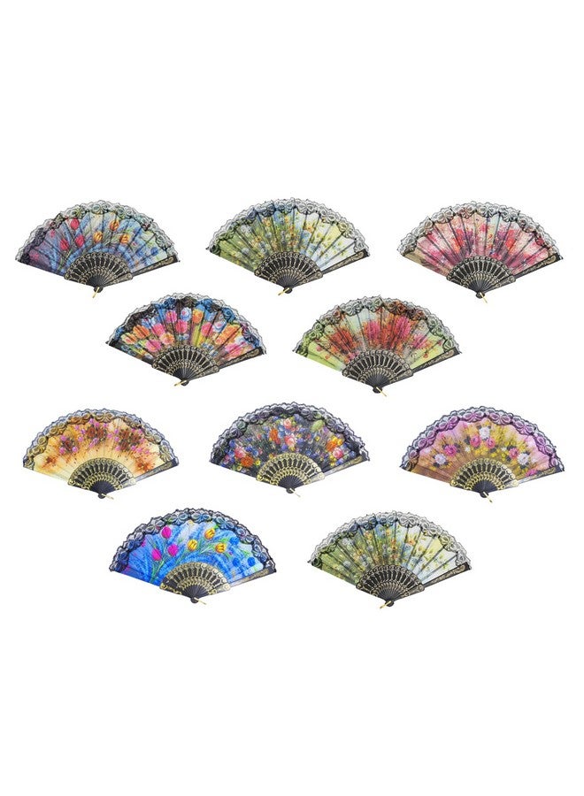 YOKIND 10 Pack Vintage Spanish Floral Folding Hand Fan Sequin Fabric Folding Handheld Hand Fan, Random Color - Image 2