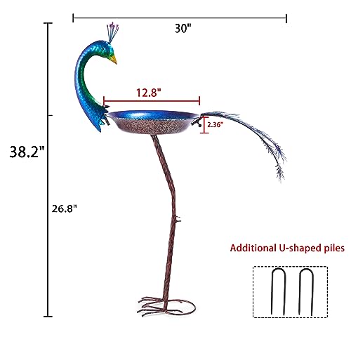 HLQMFHT 12.8" W*38.2" H Peacock Bird Baths for Outdoor, Metal Bird Feeder Seed Trayr,Bird Bath Drinker Plate, Garden Lawn Yard Decor(Multicolor) - Image 2
