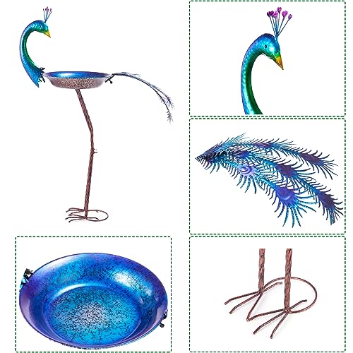 HLQMFHT 12.8" W*38.2" H Peacock Bird Baths for Outdoor, Metal Bird Feeder Seed Trayr,Bird Bath Drinker Plate, Garden Lawn Yard Decor(Multicolor) - Image 3