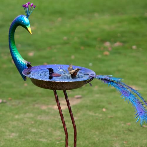 HLQMFHT 12.8" W*38.2" H Peacock Bird Baths for Outdoor, Metal Bird Feeder Seed Trayr,Bird Bath Drinker Plate, Garden Lawn Yard Decor(Multicolor) - Image 1