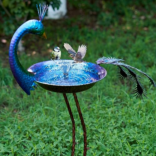 HLQMFHT 12.8" W*38.2" H Peacock Bird Baths for Outdoor, Metal Bird Feeder Seed Trayr,Bird Bath Drinker Plate, Garden Lawn Yard Decor(Multicolor) - Image 4