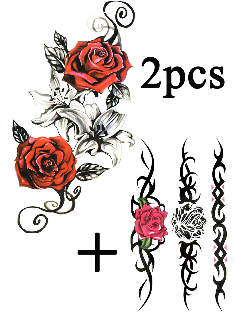 general 2pcs Waterproof Letter Flower Pattern Temporary Tattoo Sticker Double Rose Flower Tattoo And Three In One Rose Pattern Tattoo - Image 1