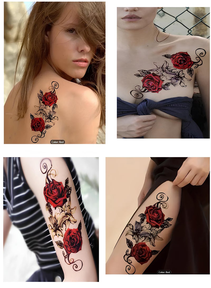general 2pcs Waterproof Letter Flower Pattern Temporary Tattoo Sticker Double Rose Flower Tattoo And Three In One Rose Pattern Tattoo - Image 5