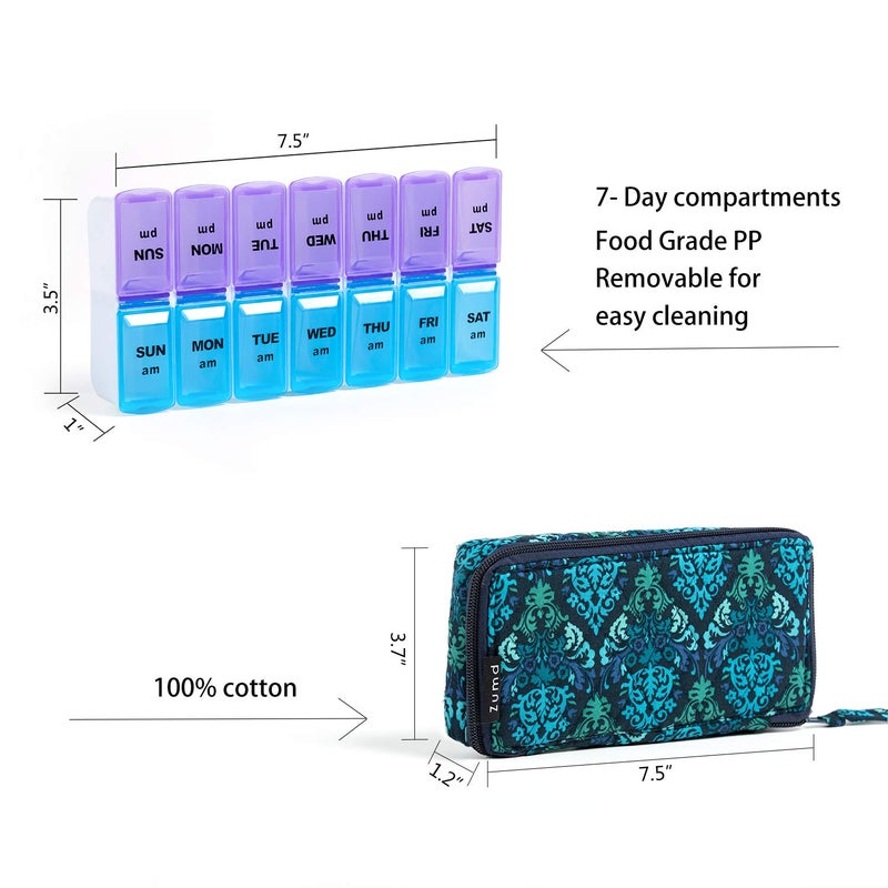 zumd Weekly Pill Organizer 2 Times a Day, Zumd Pill Box 7 Day with Cute Quilted Fabric Zipper Case, Travel Pill Case Am Pm for Vitamin Medicine Organizer - Image 2