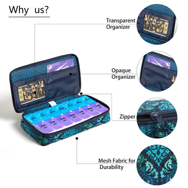zumd Weekly Pill Organizer 2 Times a Day, Zumd Pill Box 7 Day with Cute Quilted Fabric Zipper Case, Travel Pill Case Am Pm for Vitamin Medicine Organizer - Image 3