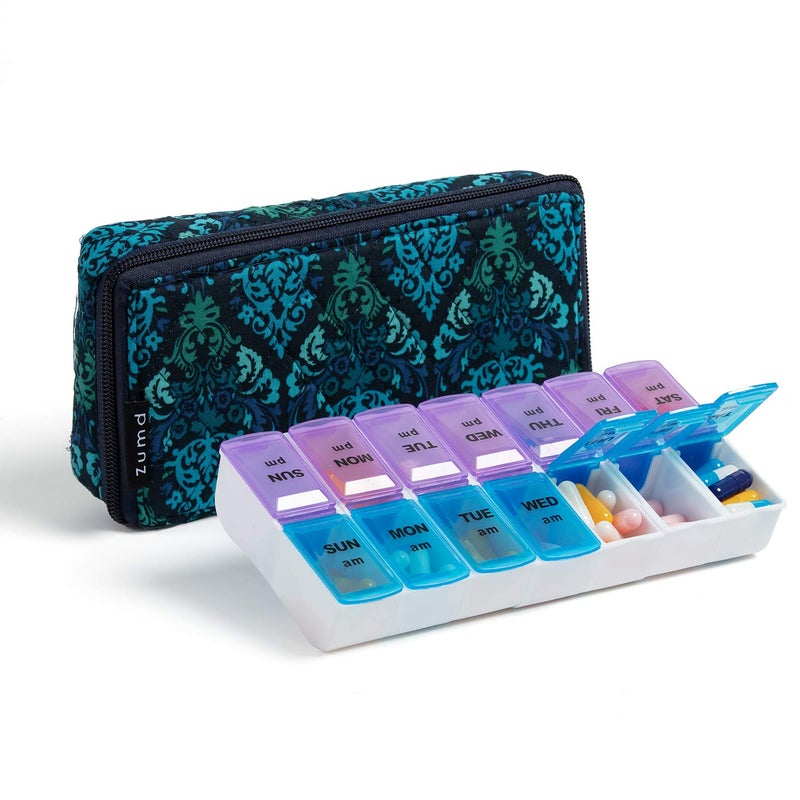 zumd Weekly Pill Organizer 2 Times a Day, Zumd Pill Box 7 Day with Cute Quilted Fabric Zipper Case, Travel Pill Case Am Pm for Vitamin Medicine Organizer - Image 1