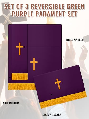 Cutecrop Set of 3 Reversible Parament Set Clergy Table Runner Bookmark Pulpit Scarf with Gold Cross Church Pulpit Accessories for Christian Pentecost GiftGreen and Purple - Image 3
