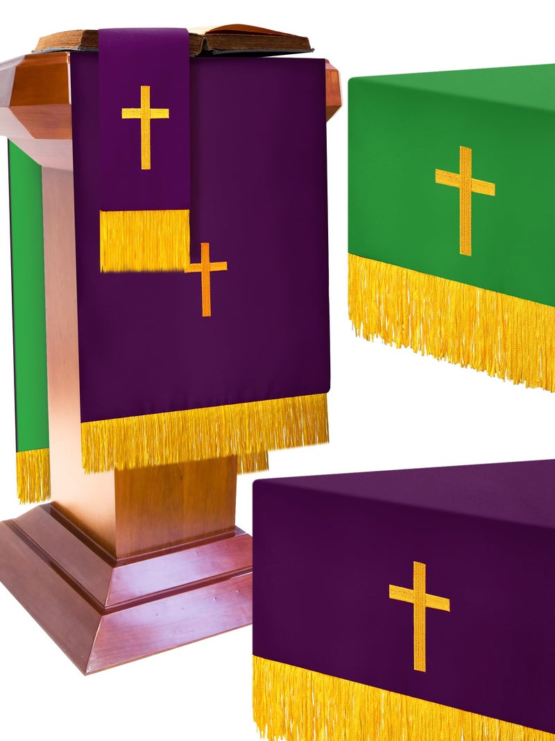 Cutecrop Set of 3 Reversible Parament Set Clergy Table Runner Bookmark Pulpit Scarf with Gold Cross Church Pulpit Accessories for Christian Pentecost GiftGreen and Purple - Image 2