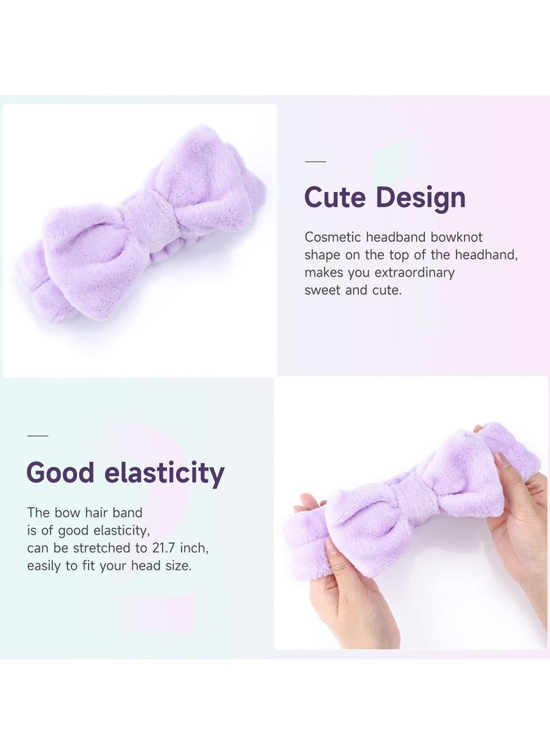BONITO 6 Piece Makeup Headband & Wristband Set, High Elasticity Coral Wool Bow for Face Wash, Spa & Skincare, Women's Girl Towel Wristband Protection Liquid (Pink + Purple)  - Image 3