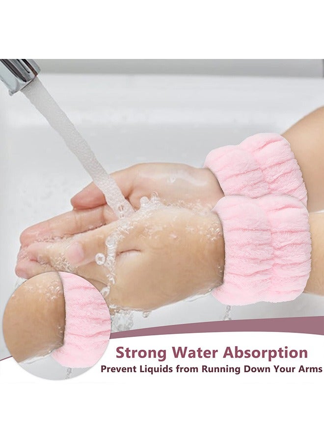 بونيتو 6 قطع طقم عصبة رأس وعصابة معصم للمكياج، طقم عصابات رأس من الصوف المرجاني عالي المرونة، عصابات رأس منتفخة لغسل الوجه والماسكات وعلاج البشرة (وردي + بنفسجي) - Image 4