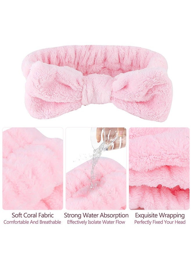 بونيتو 6 قطع طقم عصبة رأس وعصابة معصم للمكياج، طقم عصابات رأس من الصوف المرجاني عالي المرونة، عصابات رأس منتفخة لغسل الوجه والماسكات وعلاج البشرة (وردي + بنفسجي) - Image 3