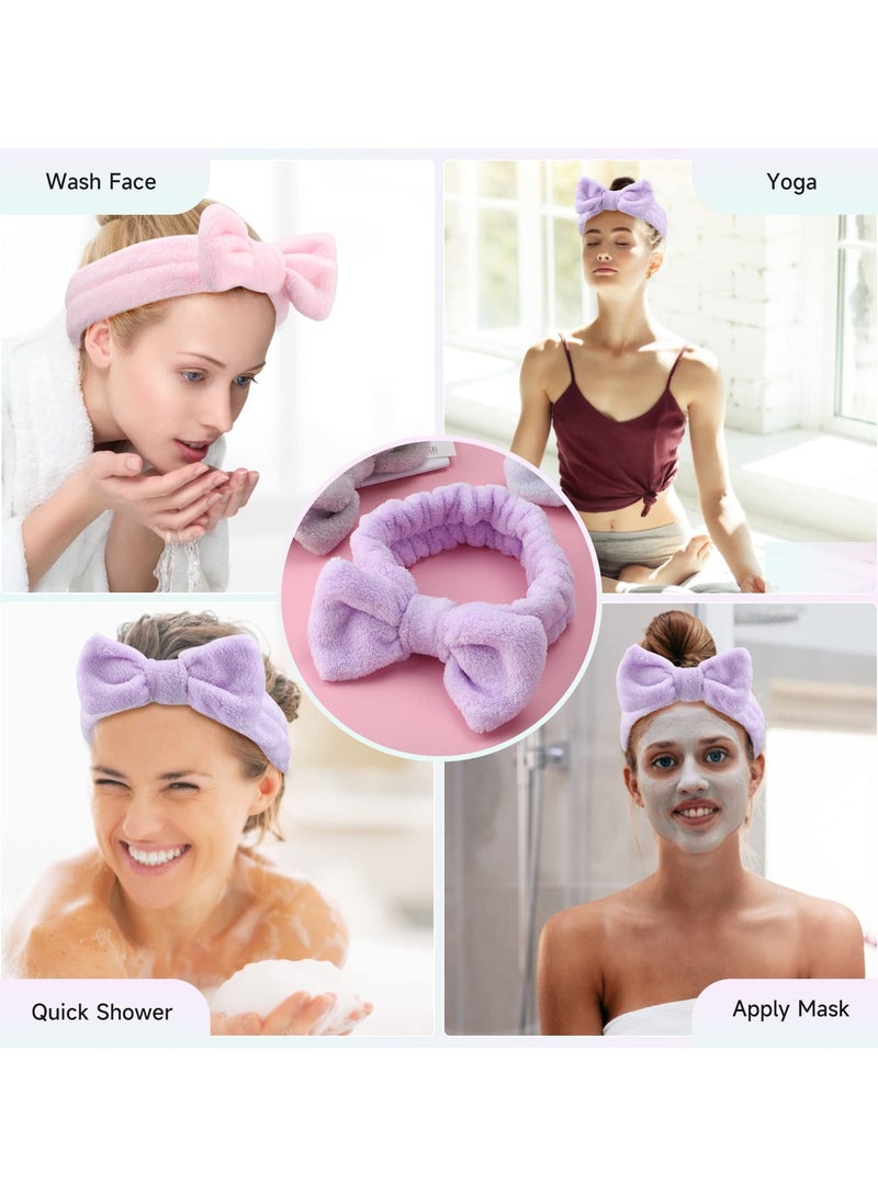 بونيتو 6 قطع طقم عصبة رأس وعصابة معصم للمكياج، طقم عصابات رأس من الصوف المرجاني عالي المرونة، عصابات رأس منتفخة لغسل الوجه والماسكات وعلاج البشرة (وردي + بنفسجي) - Image 5