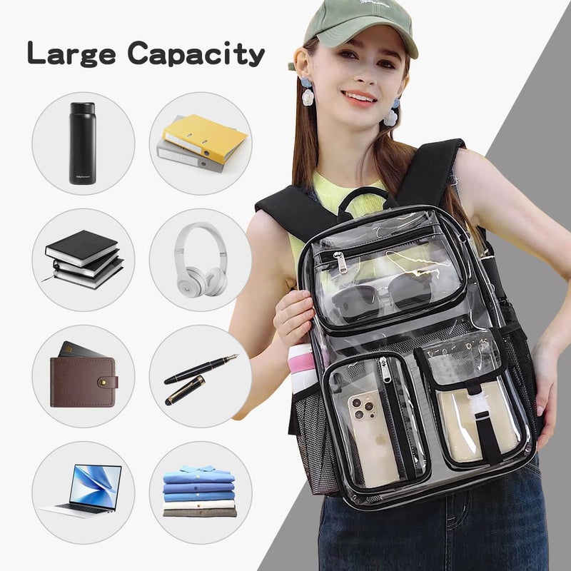 Cusangel Heavy Duty Clear Backpack Clear BookBag,16 x11 x5inch TPU Large Capacity See Through Backpack for Sport Events,Travel (Black) - Image 2