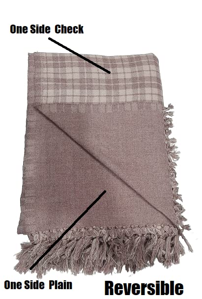 MAMRAJ Men's Woven One side Checks & One side Plain Design Pure Wool Lohi/Woollen Shawl [50'' x 100''] (Camel Brown) - Image 3