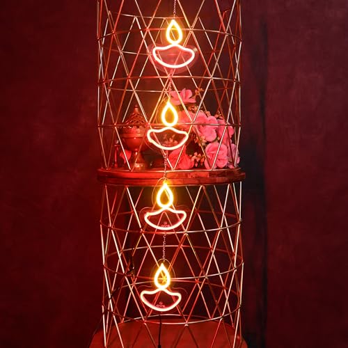 OVG Diya Toran Neon Sign LED Light 6 x 6 Inch, Latkan for Diwali, Mandir Lights, Home Decor, Gifts and All Occasions Multicolor 4 diyas (Adapter Included) - Image 1