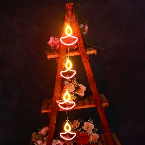 OVG Diya Toran Neon Sign LED Light 6 x 6 Inch, Latkan for Diwali, Mandir Lights, Home Decor, Gifts and All Occasions Multicolor 4 diyas (Adapter Included) - Image 2