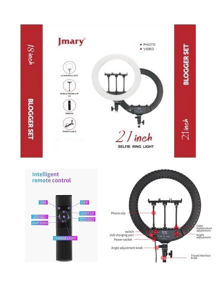 Jmary - 21 Inch Ring Light Tripod Mount with 3 Phone Bracket LED Soft Ring Light with Remote Control - Image 1