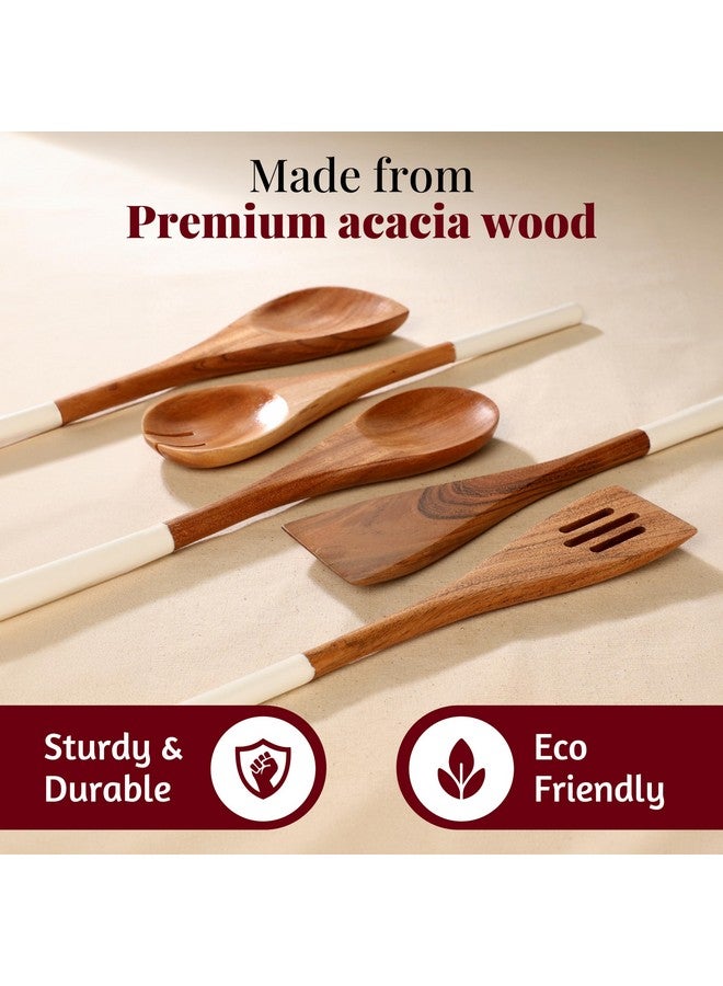 Folkulture Wooden Spoons for Cooking | 12" Premium Acacia Wooden Utensil Set of 5 - Smooth Finish, Soft Comfort Cooking Utensils Set for Kitchen, Gifts | Non Stick Wooden Cooking Utensils Set of 5 - Image 3