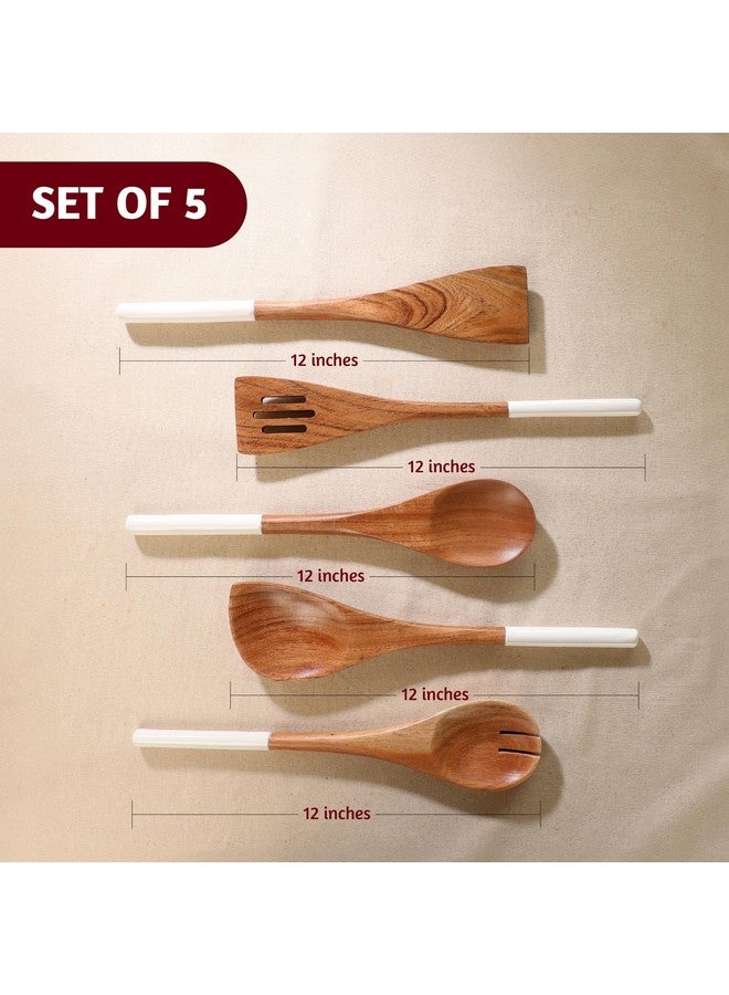 Folkulture Wooden Spoons for Cooking | 12" Premium Acacia Wooden Utensil Set of 5 - Smooth Finish, Soft Comfort Cooking Utensils Set for Kitchen, Gifts | Non Stick Wooden Cooking Utensils Set of 5 - Image 4