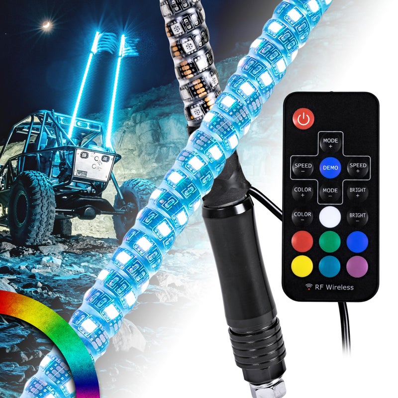 ONLINE LED STORE True Mods 2pc 4ft Spiral RGB LED Whip Light for UTV ATV RF Wireless Remote Flag Waterproof LED Lighted Whip CB Antenna Pole Stick for RZR CanAm Polaris SxS 4x4 Quad Dune Buggy 4 Wheeler Accessories