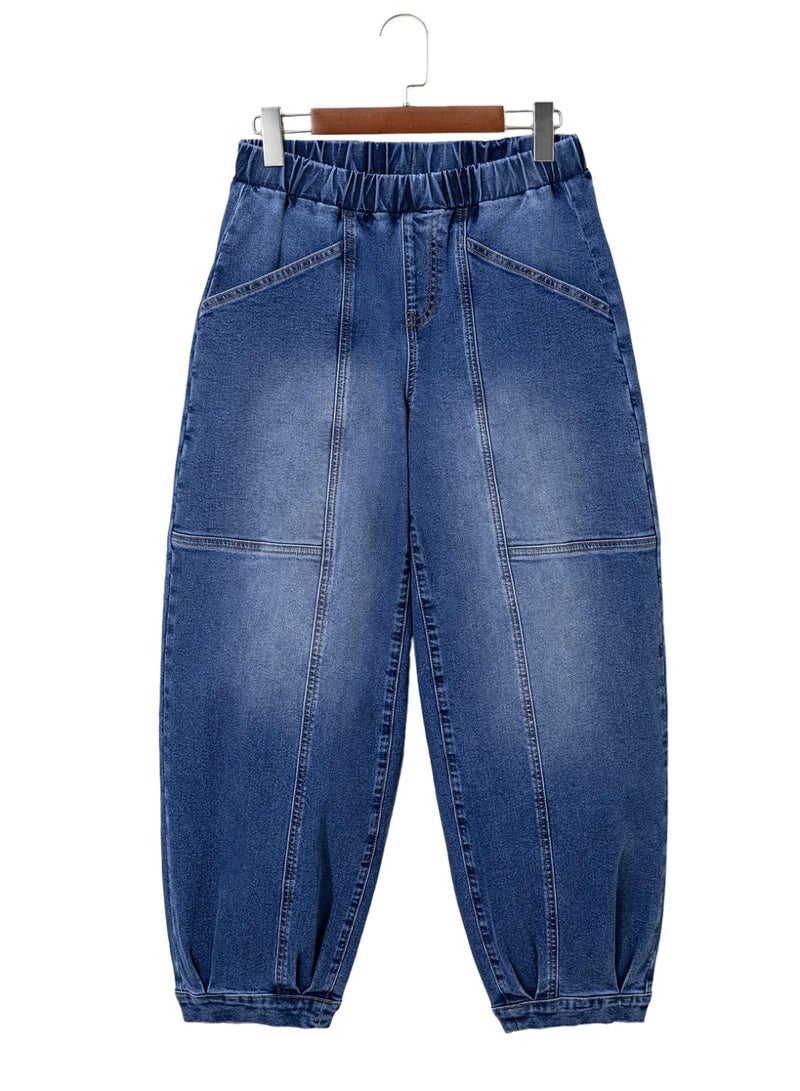 Sidefeel Mid Rise Barrel Jeans for Women Wide Leg Mid Waist Cropped Denim Pants Y2k Baggy Boyfriend Jeans with Pockets Dark Blue Size 18 - Image 4