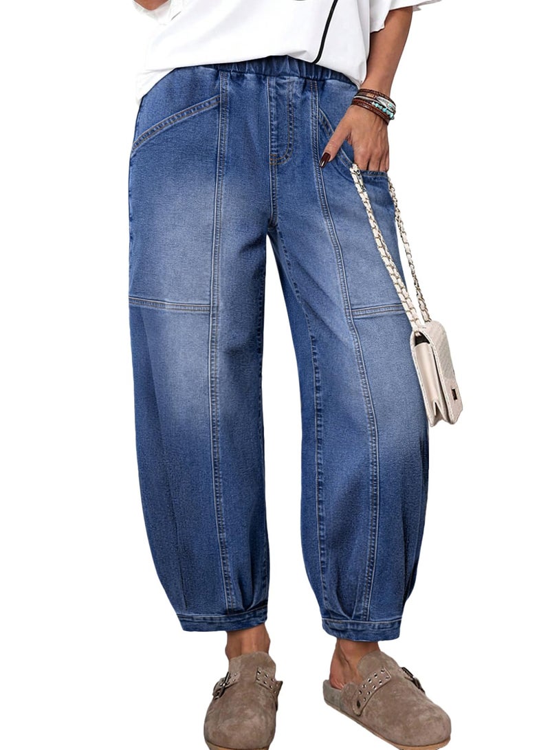 Sidefeel Mid Rise Barrel Jeans for Women Wide Leg Mid Waist Cropped Denim Pants Y2k Baggy Boyfriend Jeans with Pockets Dark Blue Size 18 - Image 1