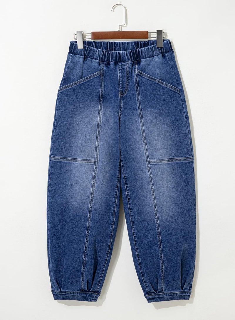 Sidefeel Mid Rise Barrel Jeans for Women Wide Leg Mid Waist Cropped Denim Pants Y2k Baggy Boyfriend Jeans with Pockets Dark Blue Size 18 - Image 5