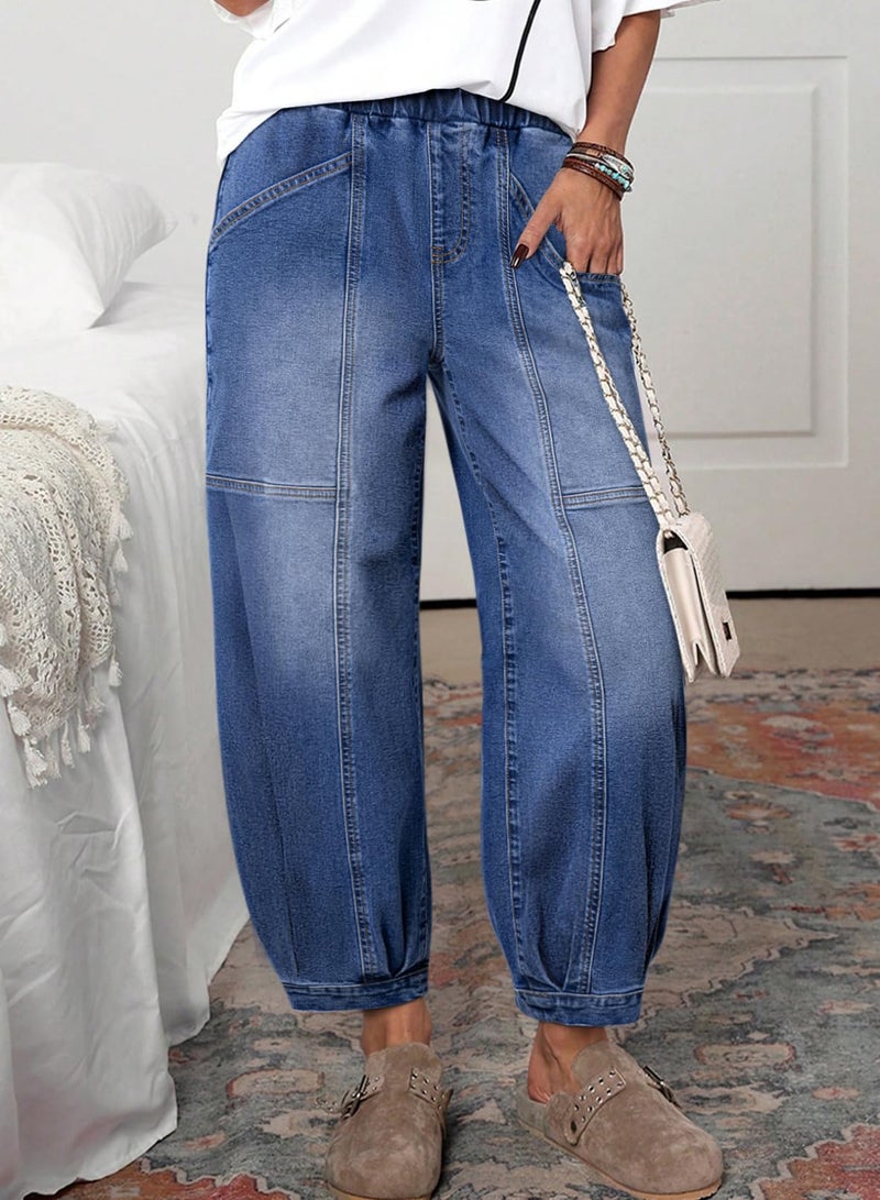 Sidefeel Mid Rise Barrel Jeans for Women Wide Leg Mid Waist Cropped Denim Pants Y2k Baggy Boyfriend Jeans with Pockets Dark Blue Size 18 - Image 2